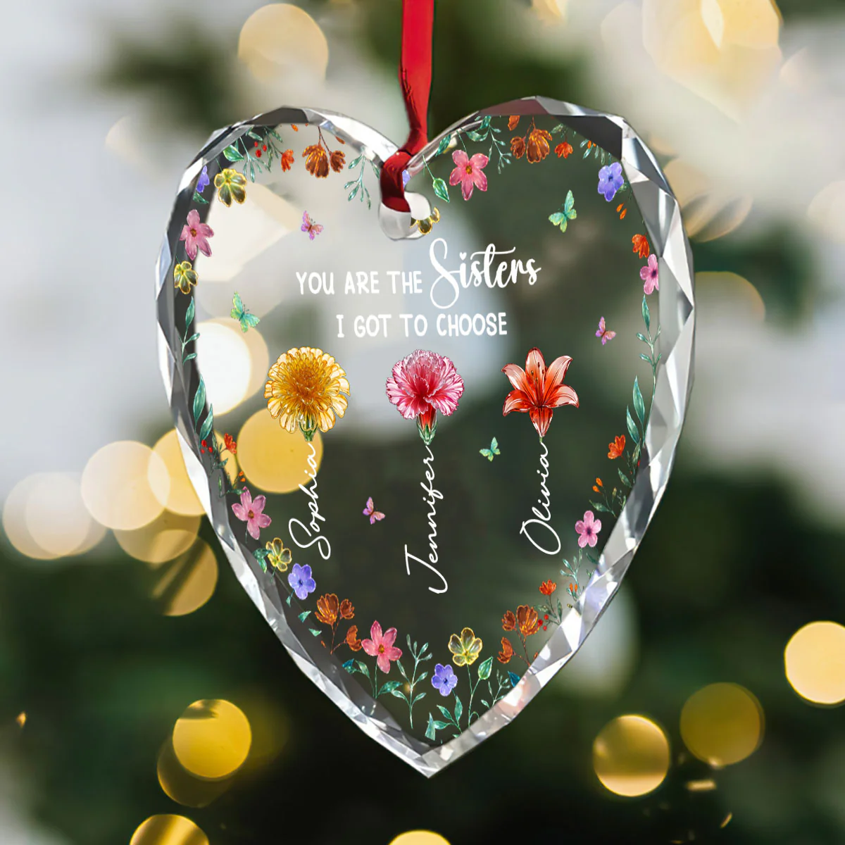 Blooming Sisters - Personalized Heart Shaped Glass Ornament - Image 3