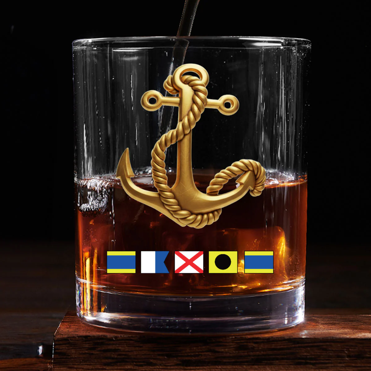 Boat Anchor Name In Nautical Flags - Personalized Round Whiskey Glass