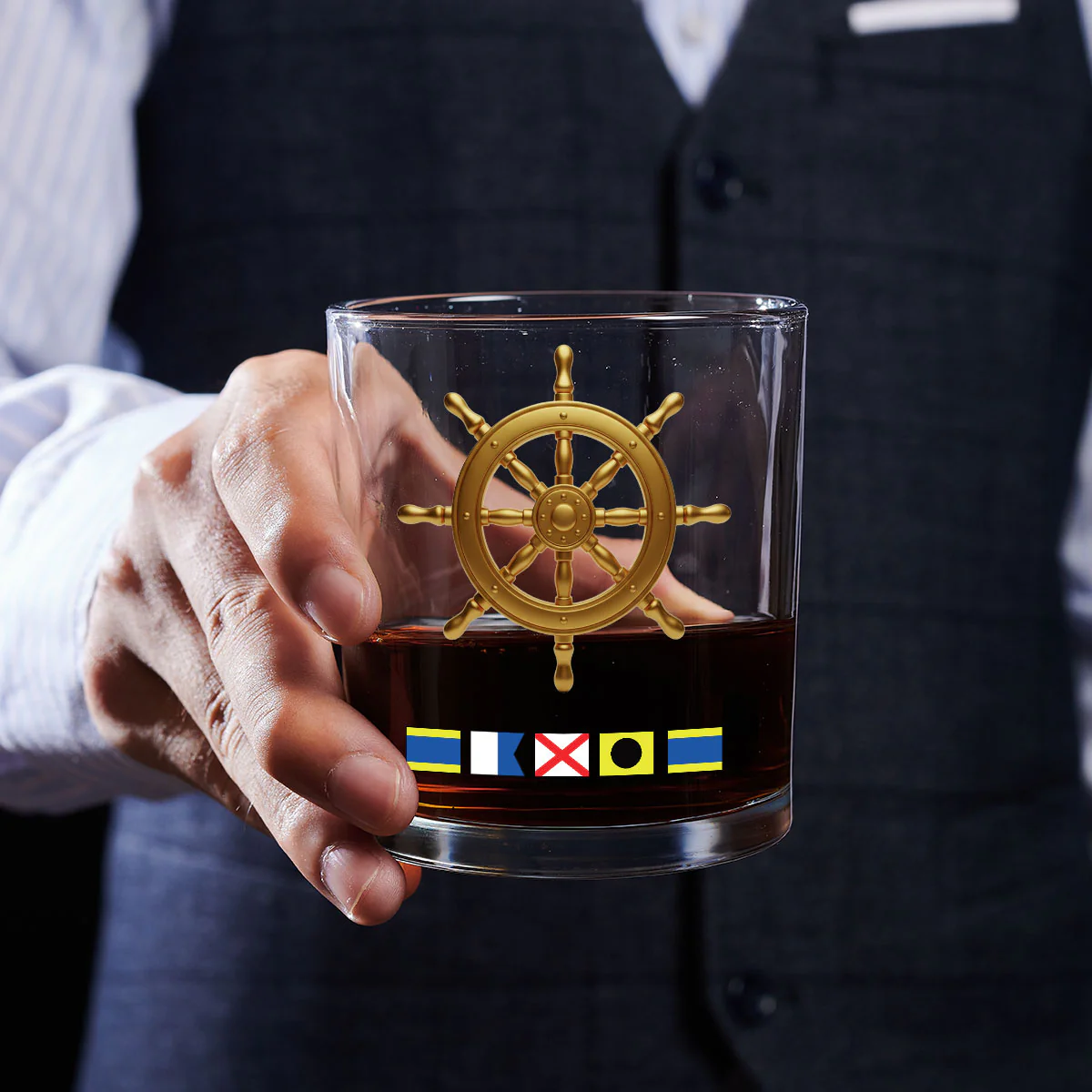 Boat Anchor Name In Nautical Flags - Personalized Round Whiskey Glass - Image 4