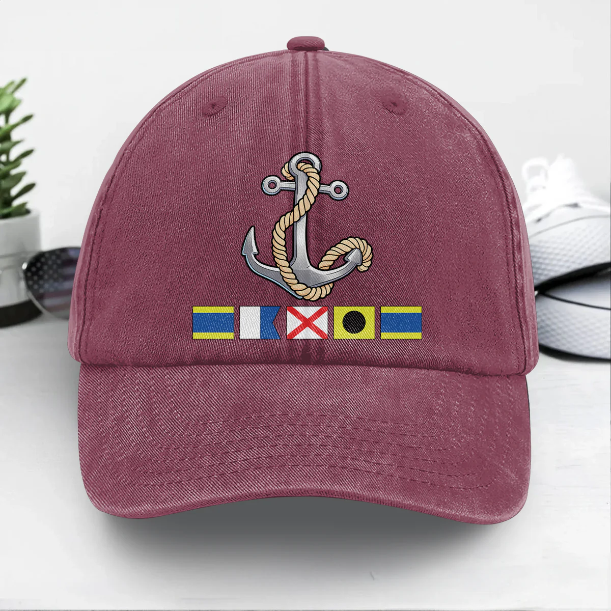 Boat Anchor Name In Nautical Flags - Personalized Vintage Washed Denim Cap - Image 5