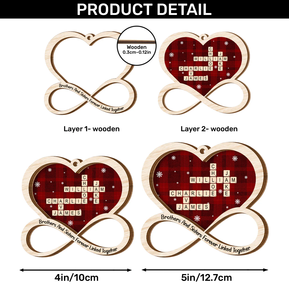 Brothers And Sisters Forever Linked Together Crossword - Personalized 2-Layered Wooden Ornament - Image 5