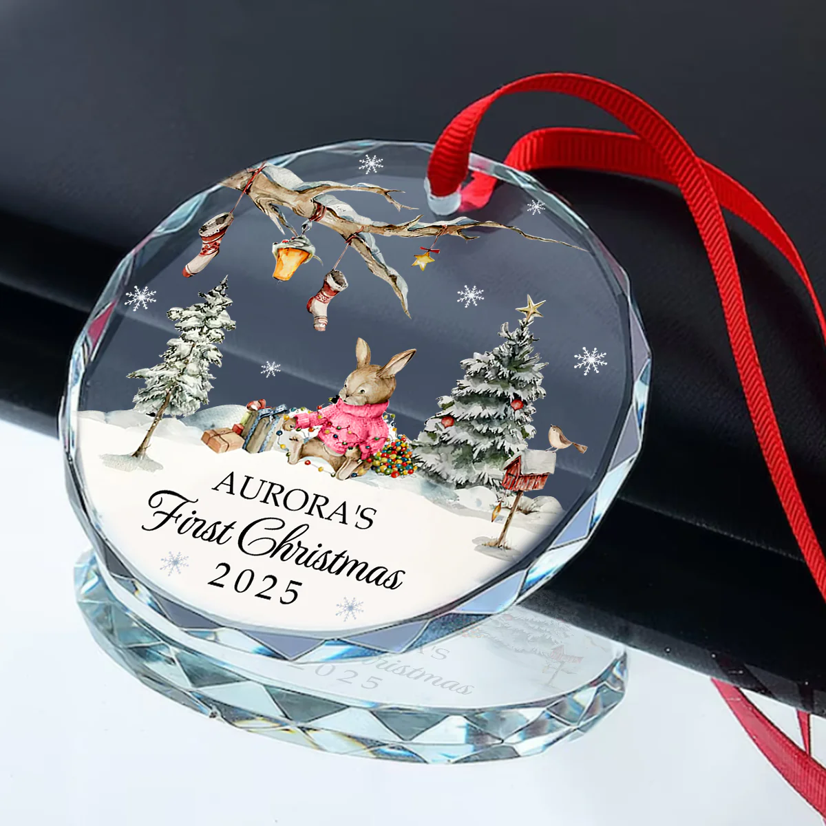 Bunny Baby's First Christmas - Personalized Round Shaped Glass Ornament - Image 2
