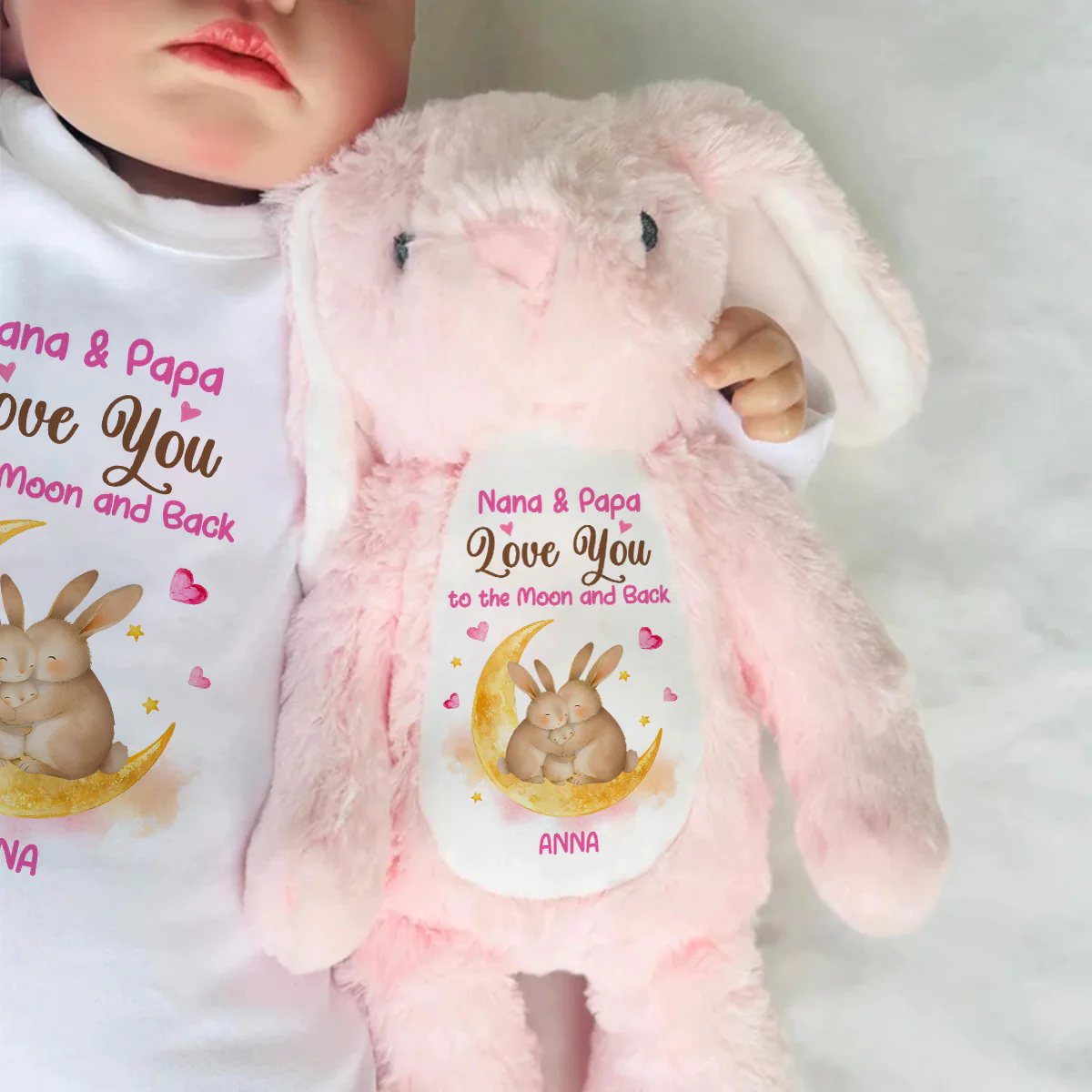 Bunny Grandparents And Grandchild Moon Love - Personalized Stuffed Bunny - Image 6