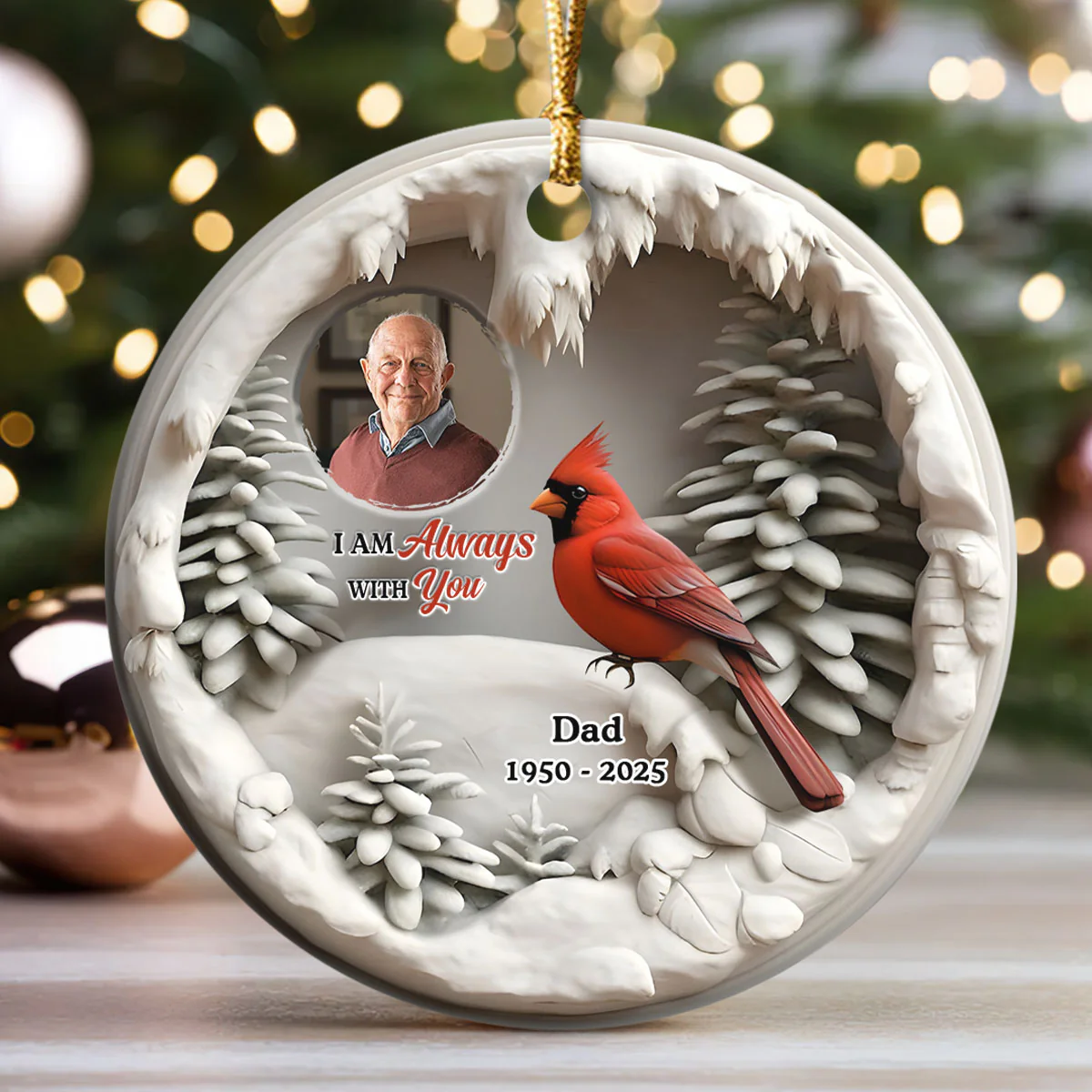 Cardinal In Winter - Personalized Round Shaped Ceramic Ornament - Image 3