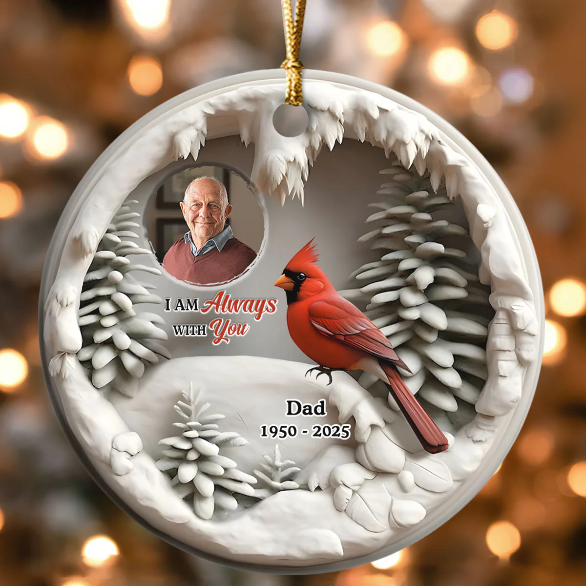 Cardinal In Winter - Personalized Round Shaped Ceramic Ornament - Image 4