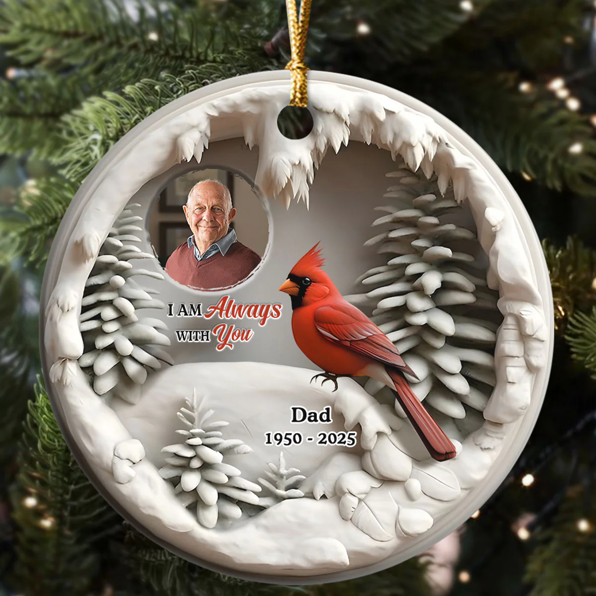 Cardinal In Winter - Personalized Round Shaped Ceramic Ornament - Image 5