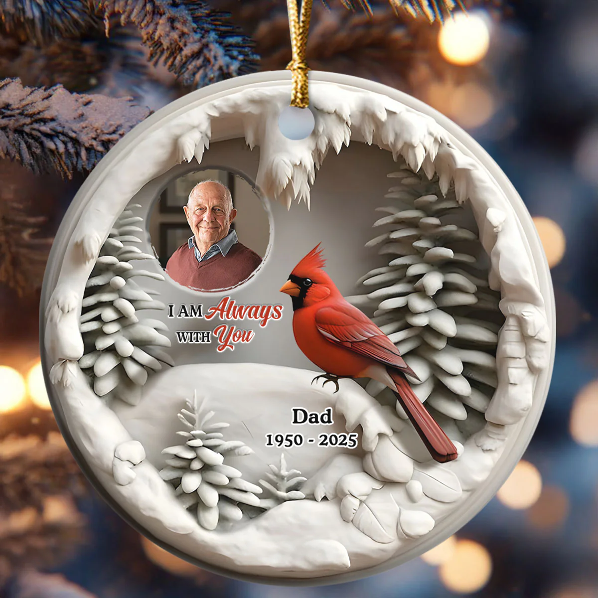 Cardinal In Winter - Personalized Round Shaped Ceramic Ornament - Image 6