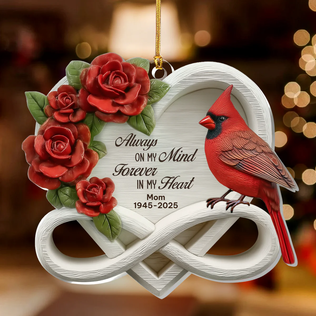 Cardinal Memory Heart - Personalized 1-Layer Acrylic Ornament - Image 2