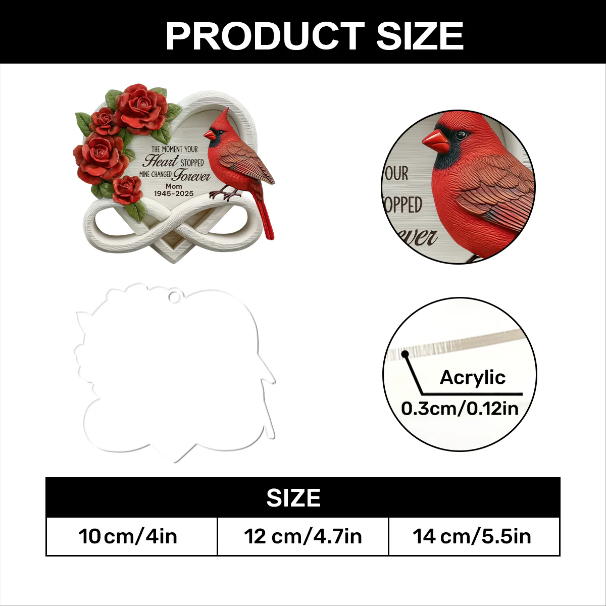 Cardinal Memory Heart - Personalized 1-Layer Acrylic Ornament - Image 5