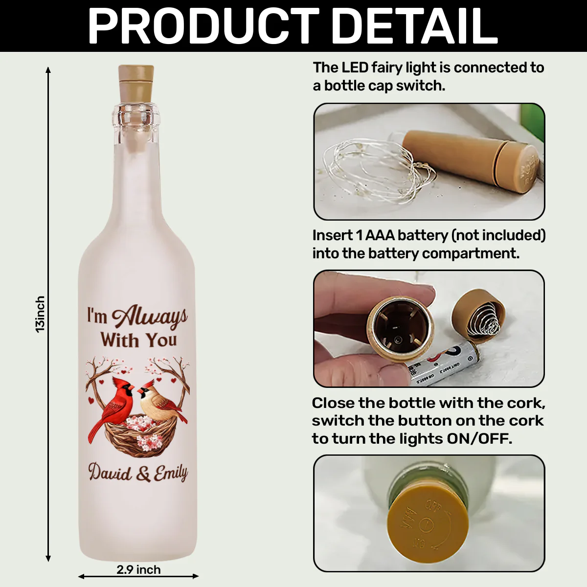 Cardinals In Bloom - Personalized Bottle Lamp - Image 6