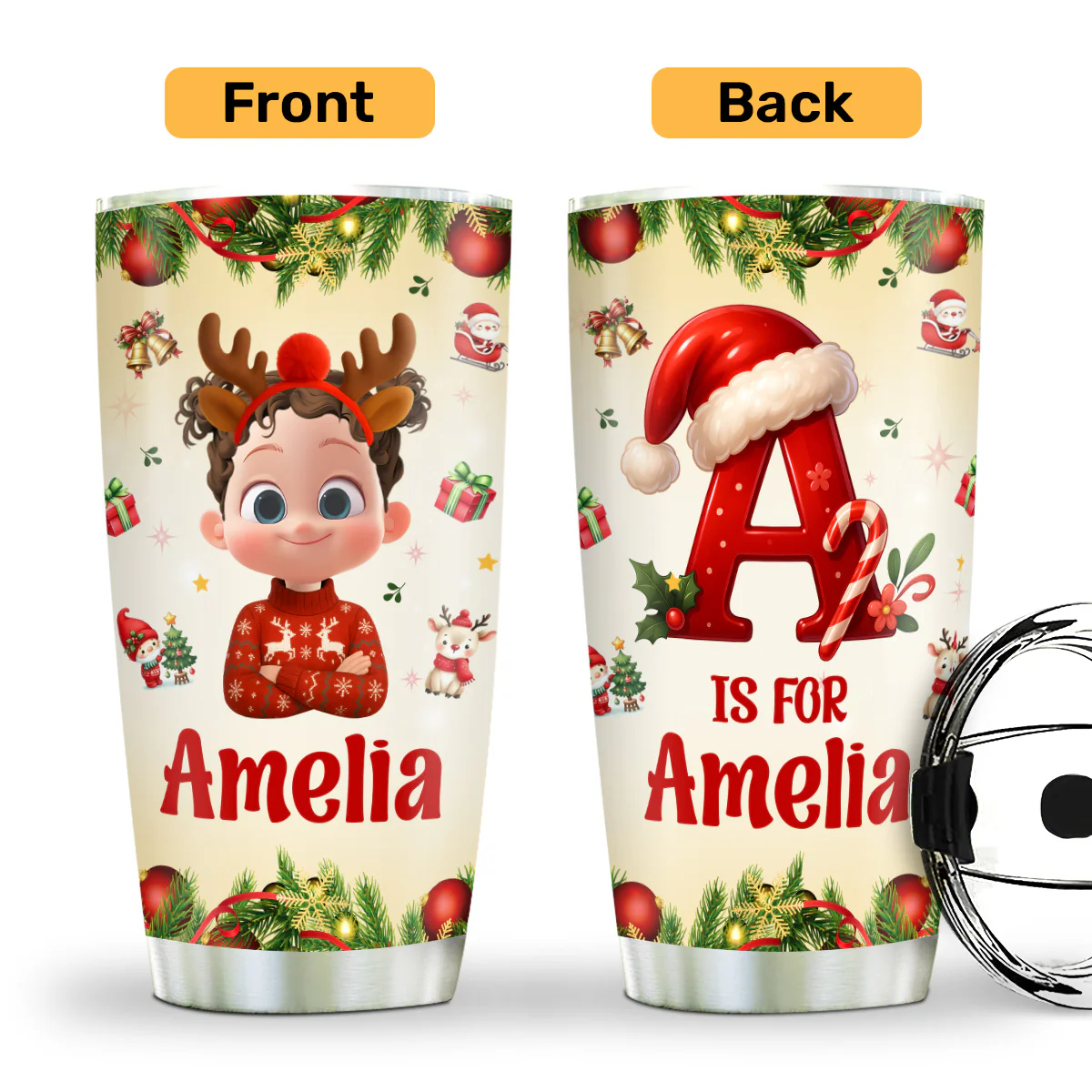 Christmas Festive Kid's Initial Name - Personalized Stainless Steel Tumbler - Image 2