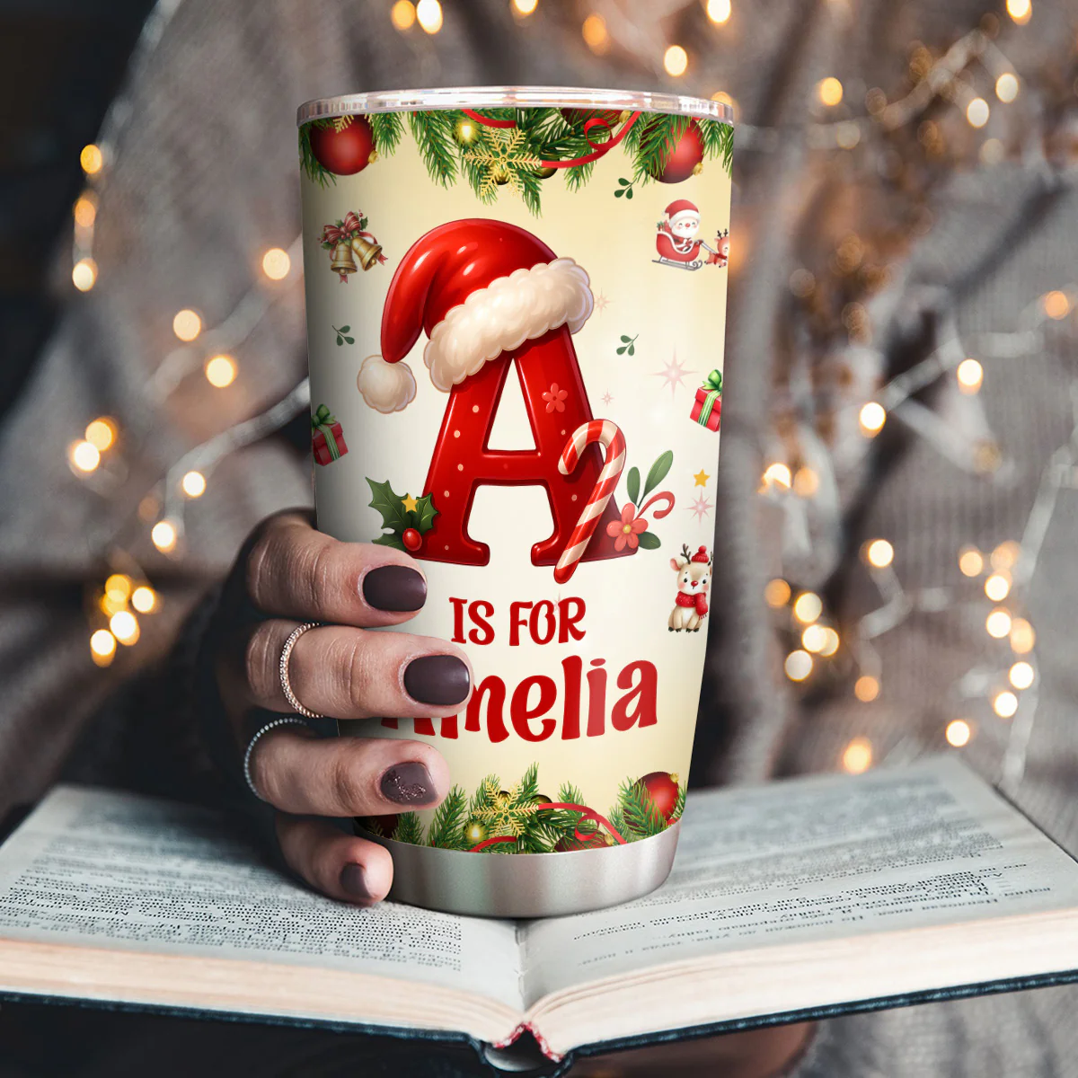 Christmas Festive Kid's Initial Name - Personalized Stainless Steel Tumbler - Image 3