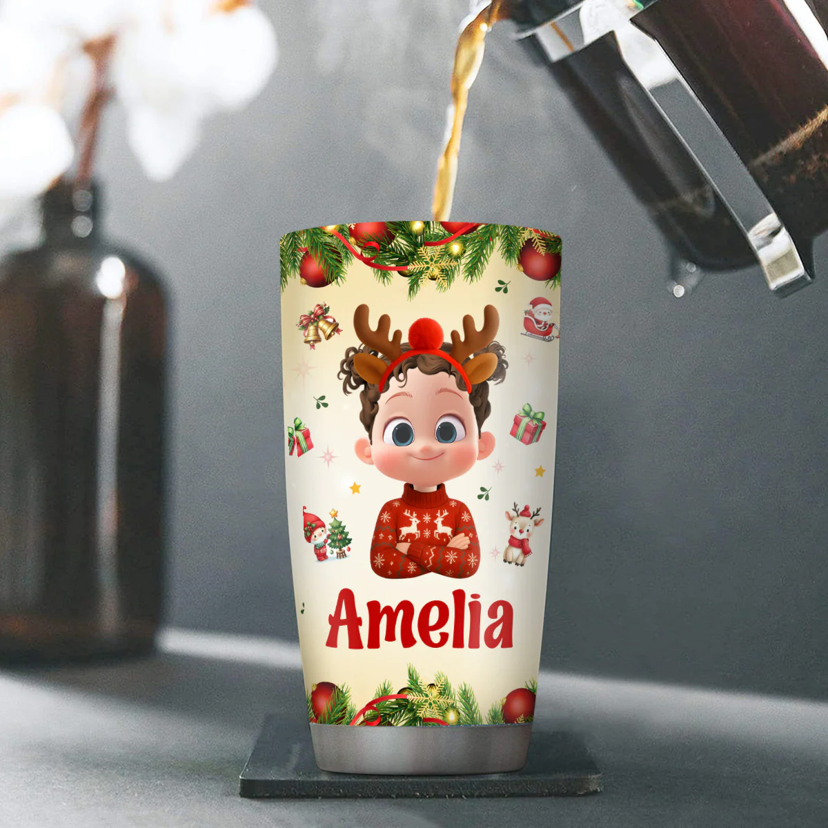 Christmas Festive Kid's Initial Name - Personalized Stainless Steel Tumbler - Image 4