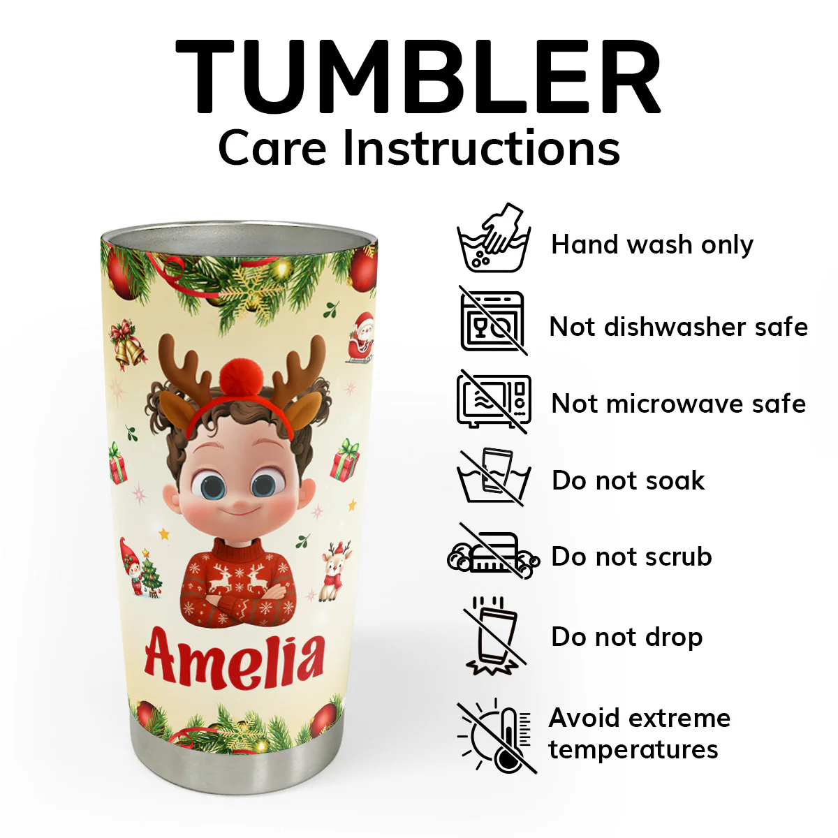 Christmas Festive Kid's Initial Name - Personalized Stainless Steel Tumbler - Image 5