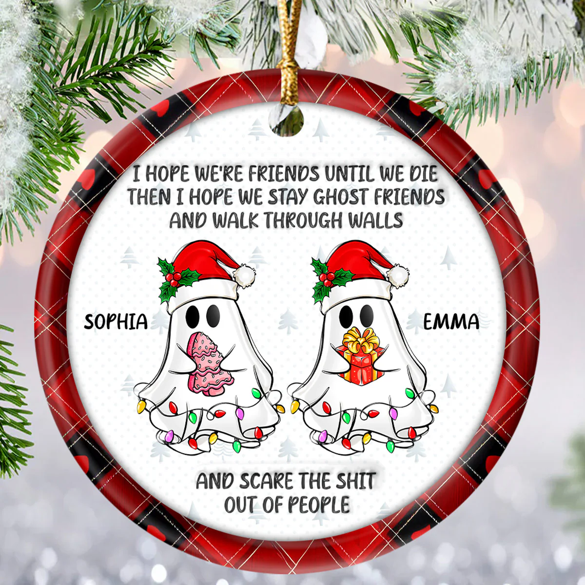Christmas Ghost Friends - Personalized Round Shaped Ceramic Ornament