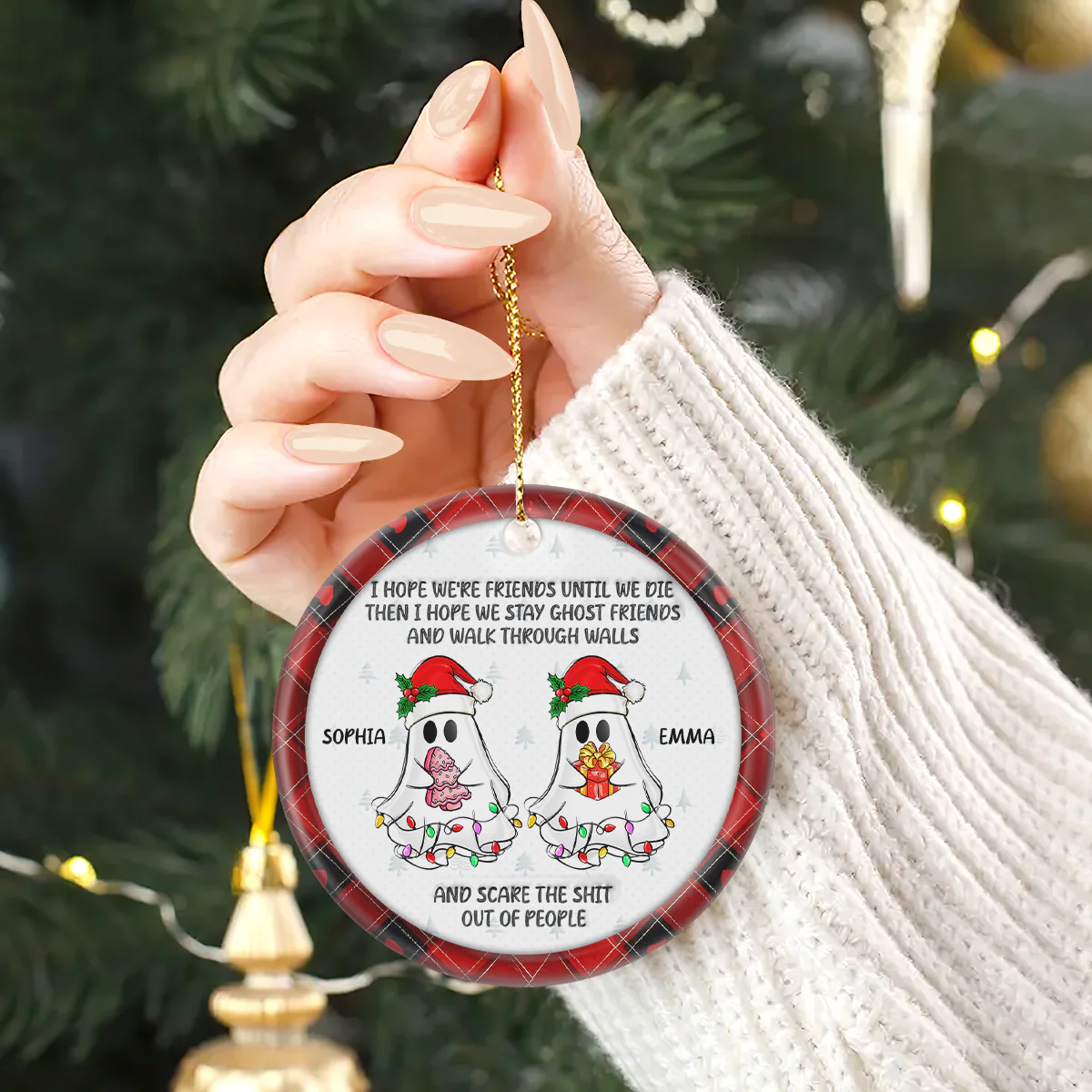 Christmas Ghost Friends - Personalized Round Shaped Ceramic Ornament - Image 2