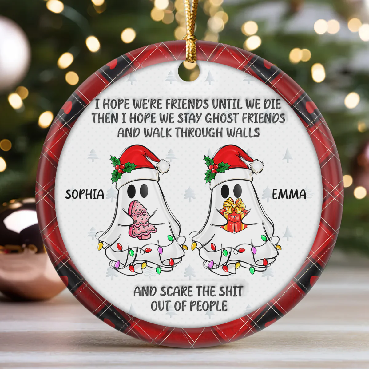 Christmas Ghost Friends - Personalized Round Shaped Ceramic Ornament - Image 3