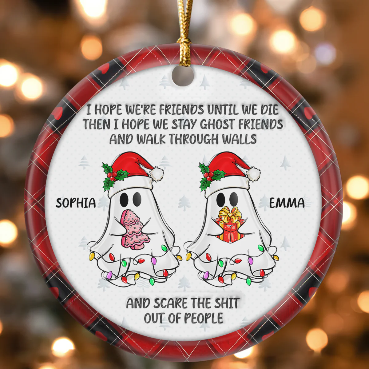 Christmas Ghost Friends - Personalized Round Shaped Ceramic Ornament - Image 4
