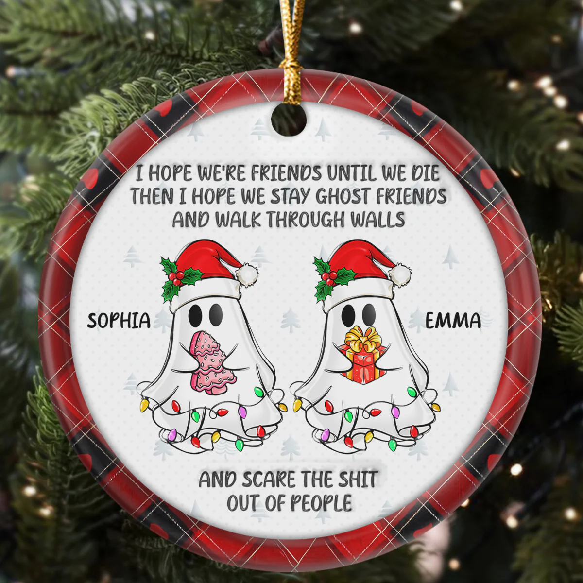 Christmas Ghost Friends - Personalized Round Shaped Ceramic Ornament - Image 5