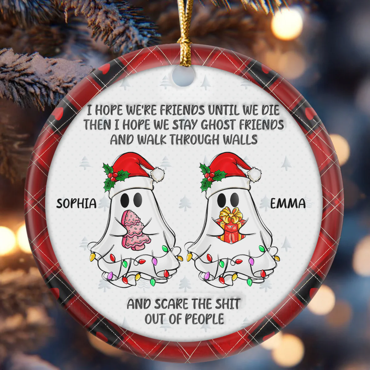 Christmas Ghost Friends - Personalized Round Shaped Ceramic Ornament - Image 6
