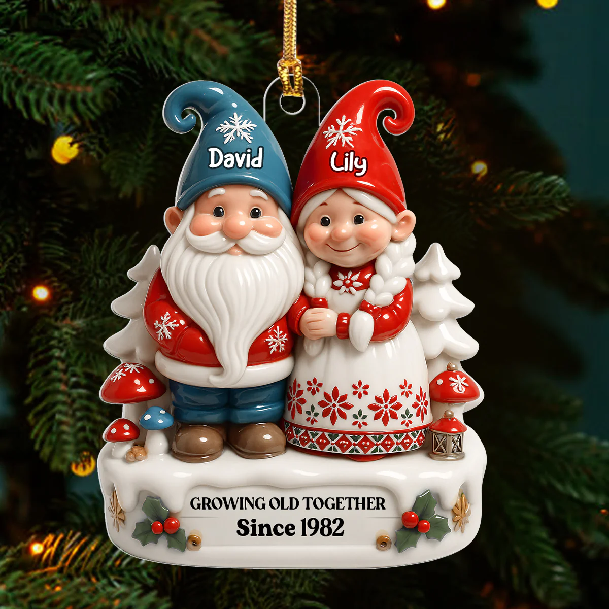 Christmas Gnome Couple - Personalized 1-Layer Acrylic Ornament - Image 3