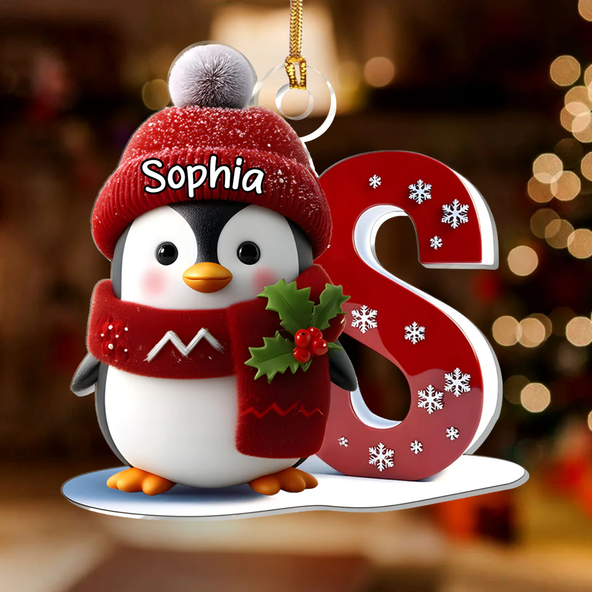Christmas Penguin Alphabet - Personalized 1-Layer Acrylic Ornament - Image 2