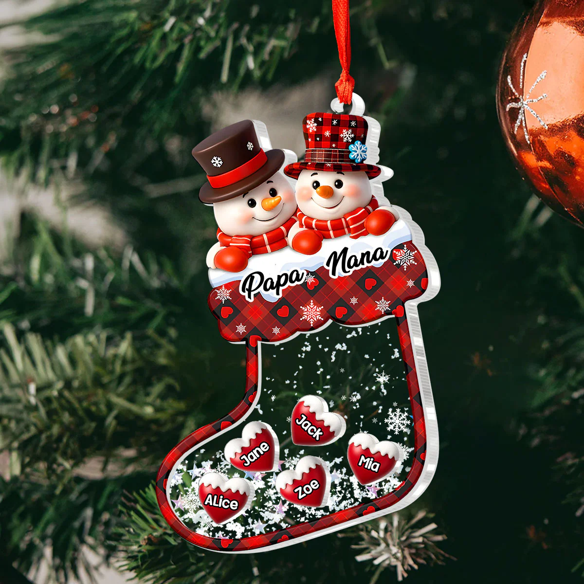 Christmas Snowman Grandparents And Grandkids Sock - Personalized 3 Layered Christmas Shaker Ornament - Image 4