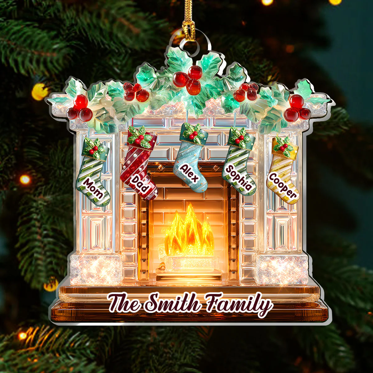 Christmas Stockings Family On Fireplace - Personalized 1-Layer Acrylic Ornament - Image 3