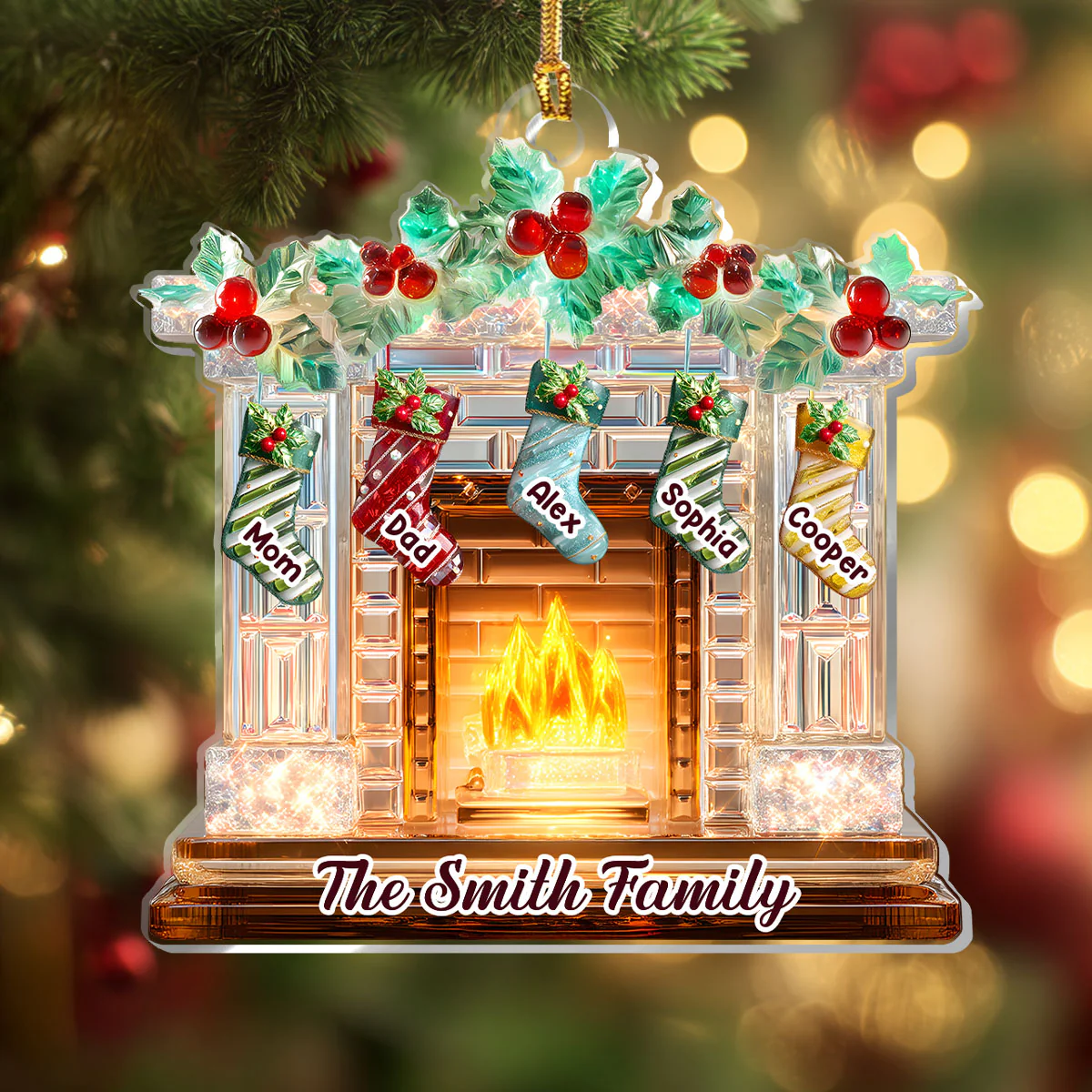 Christmas Stockings Family On Fireplace - Personalized 1-Layer Acrylic Ornament - Image 4