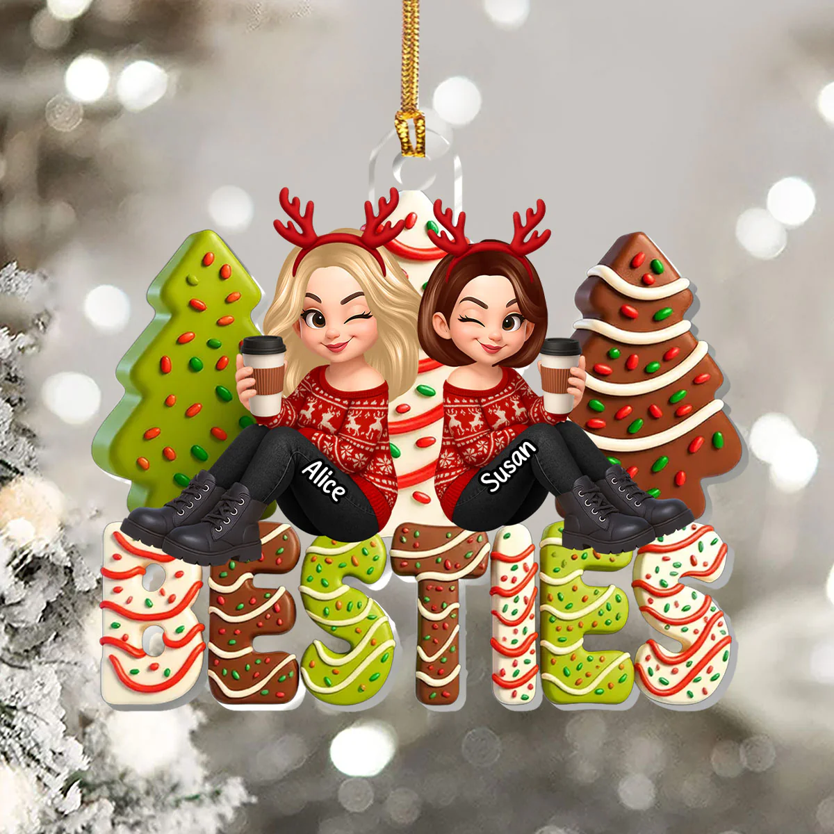 Christmas Tree Cake Besties Sisters - Personalized 1-Layer Acrylic Ornament - Image 5