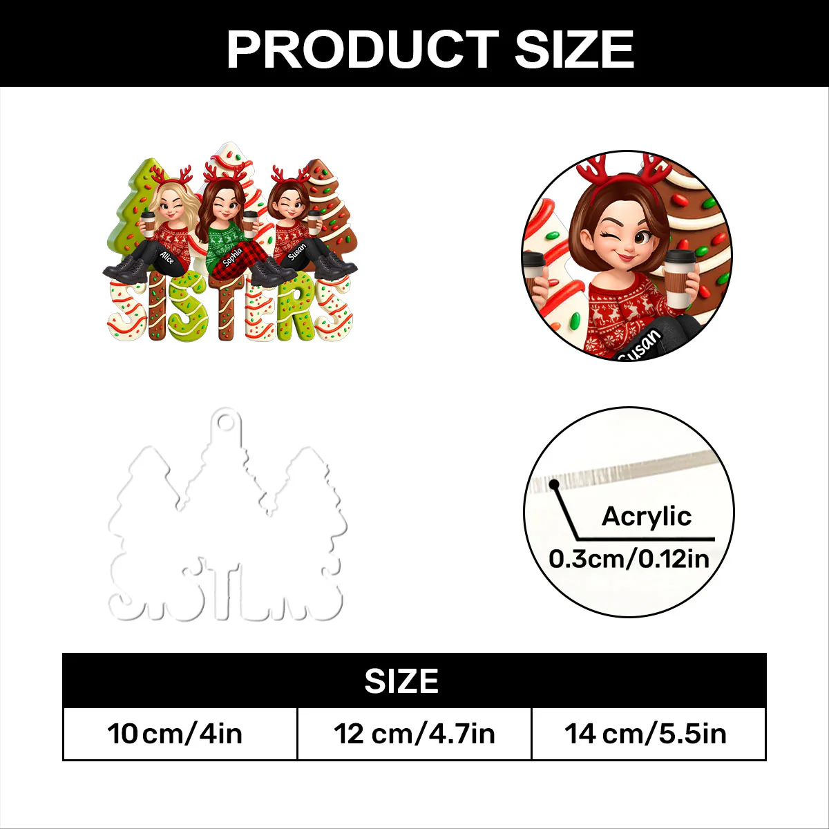 Christmas Tree Cake Besties Sisters - Personalized 1-Layer Acrylic Ornament - Image 7