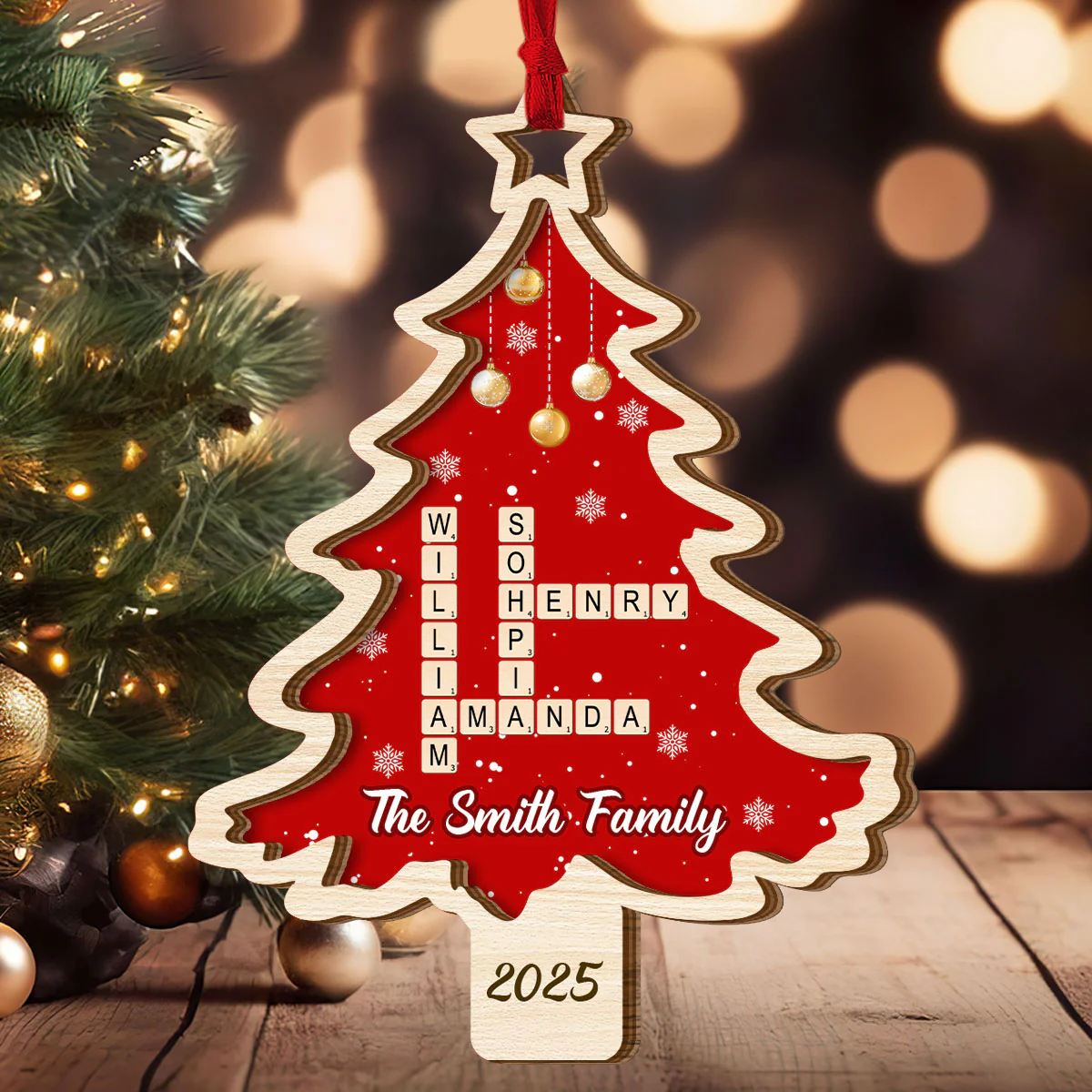 Christmas Tree Family Bestie Crossword - Personalized 2-Layered Wooden Ornament - Image 3