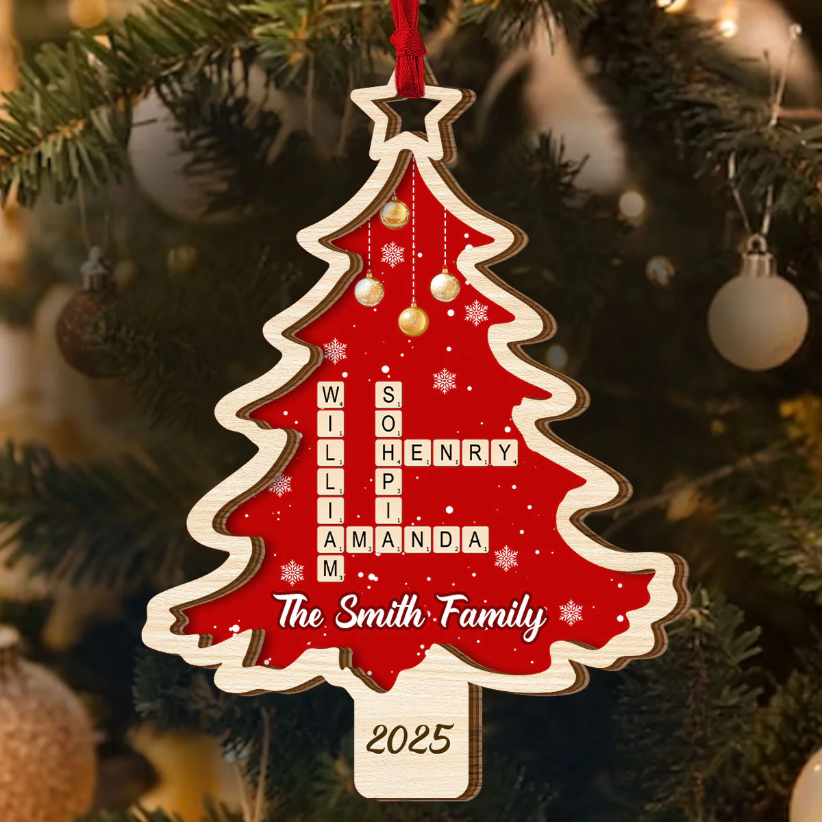 Christmas Tree Family Bestie Crossword - Personalized 2-Layered Wooden Ornament - Image 4