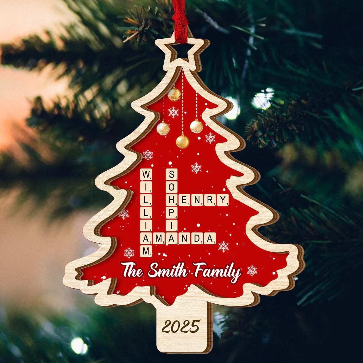 Christmas Tree Family Bestie Crossword - Personalized 2-Layered Wooden Ornament - Image 5
