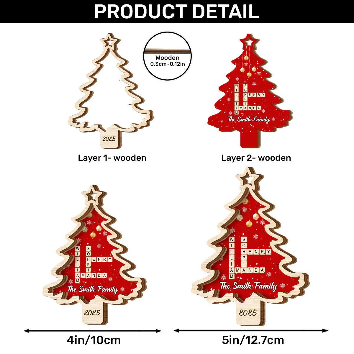 Christmas Tree Family Bestie Crossword - Personalized 2-Layered Wooden Ornament - Image 6