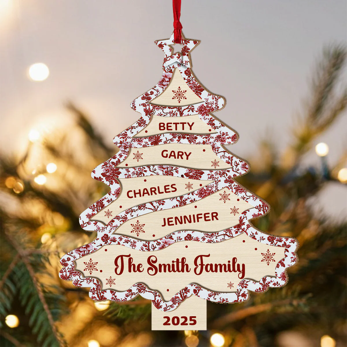 Christmas Tree Toile De Jouy - Personalized 2-Layered Wooden Ornament - Image 3