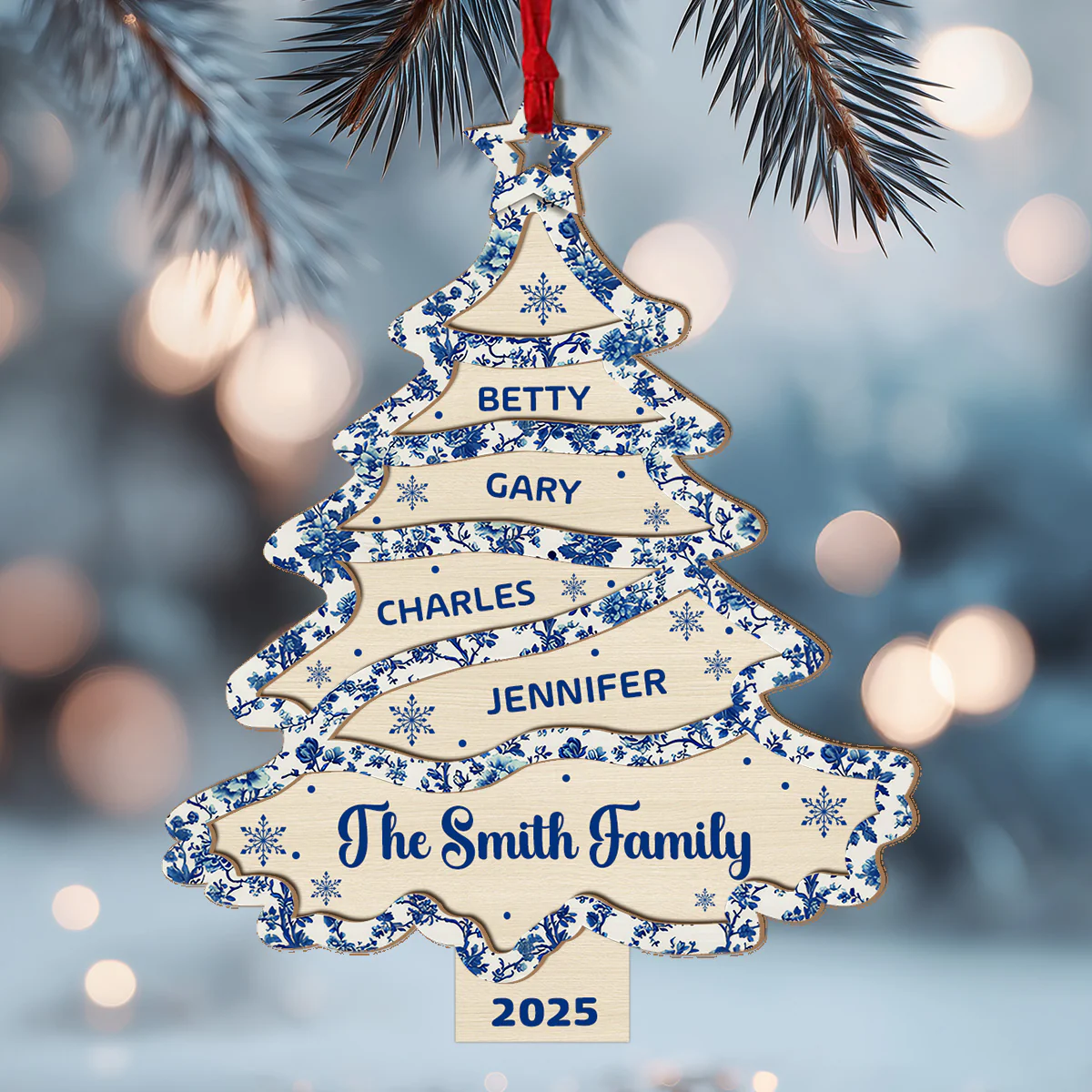 Christmas Tree Toile De Jouy - Personalized 2-Layered Wooden Ornament - Image 5