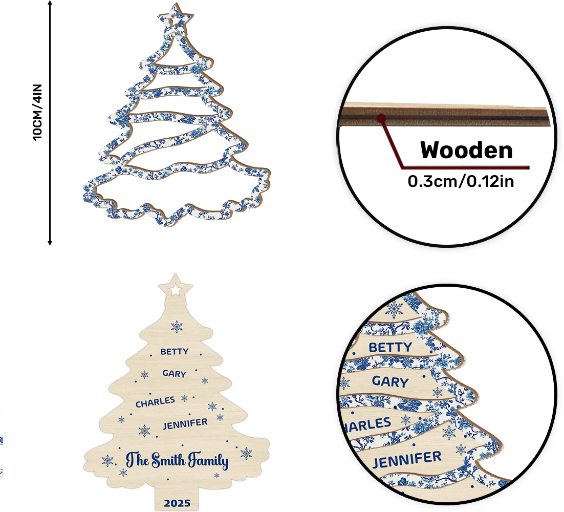 Christmas Tree Toile De Jouy - Personalized 2-Layered Wooden Ornament - Image 6