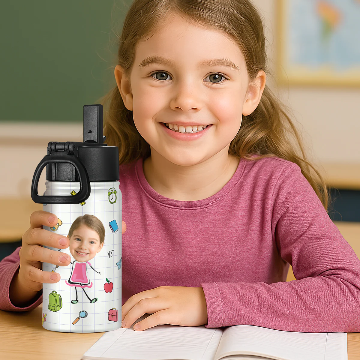 Colorful Cartoon Kid Back to School - Personalized Kids Stainless Steel Water Bottle - Image 2