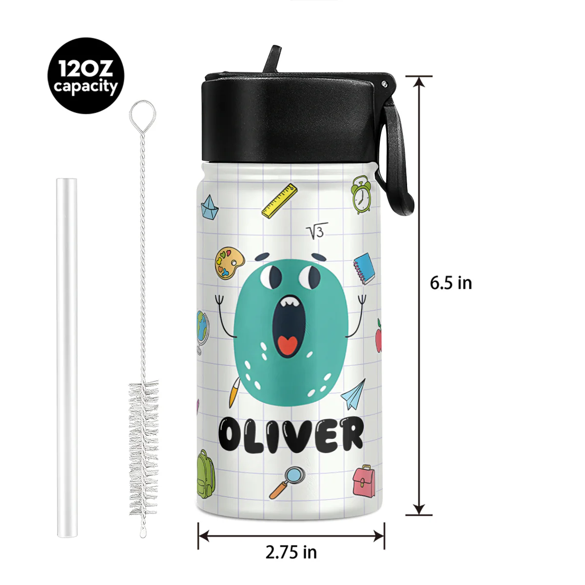 Colorful Cartoon Kid Back to School - Personalized Kids Stainless Steel Water Bottle - Image 5