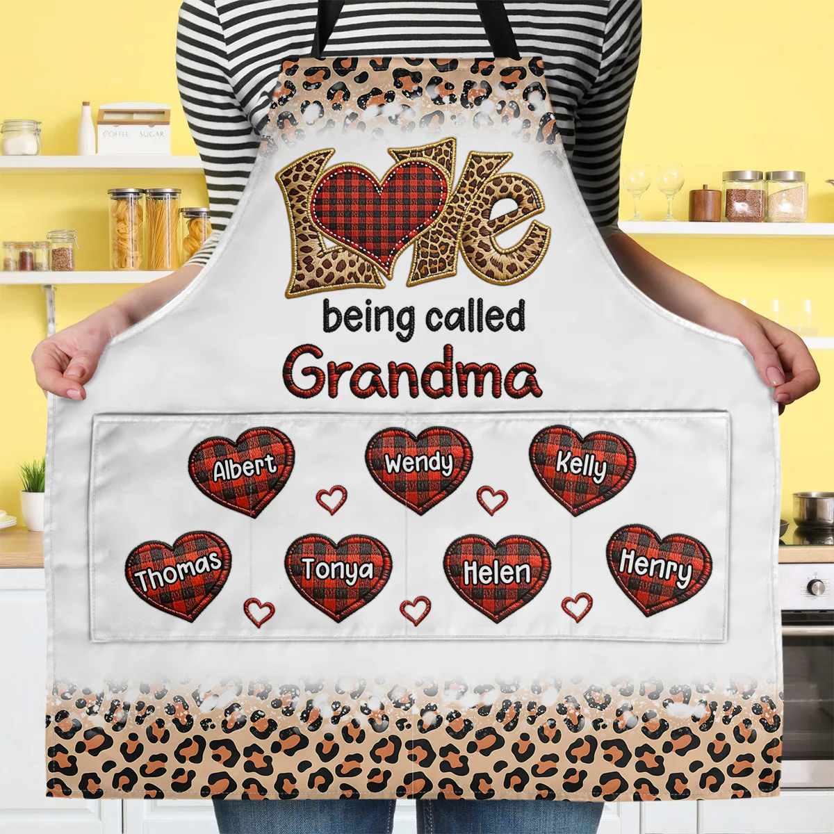 Colorful Leopard Grandma Mom Sweet Plaid Heart Kids - Personalized Apron With Pocket - Image 3