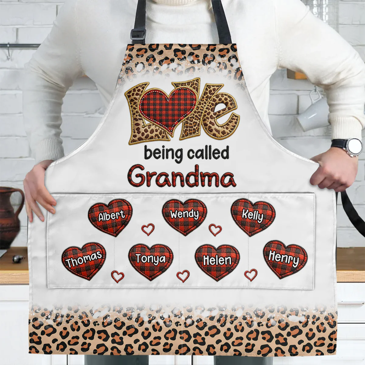 Colorful Leopard Grandma Mom Sweet Plaid Heart Kids - Personalized Apron With Pocket - Image 4