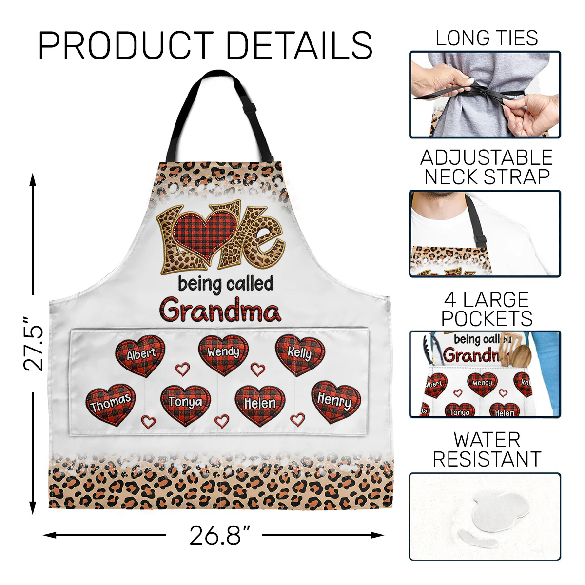 Colorful Leopard Grandma Mom Sweet Plaid Heart Kids - Personalized Apron With Pocket - Image 5