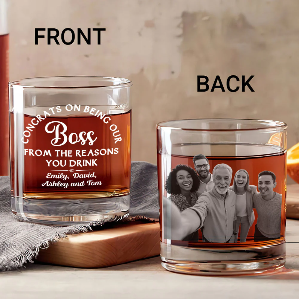 Congrats On Being Our Boss - Personalized Round Whiskey Glass - Image 2