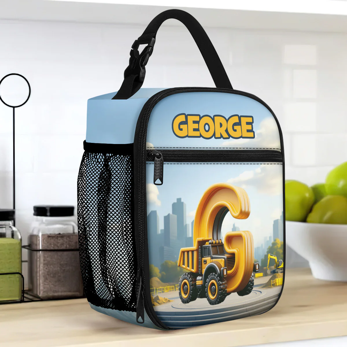 Construction Vehicles And Mermaid Kid's Name - Personalized Lunch Bag - Image 2
