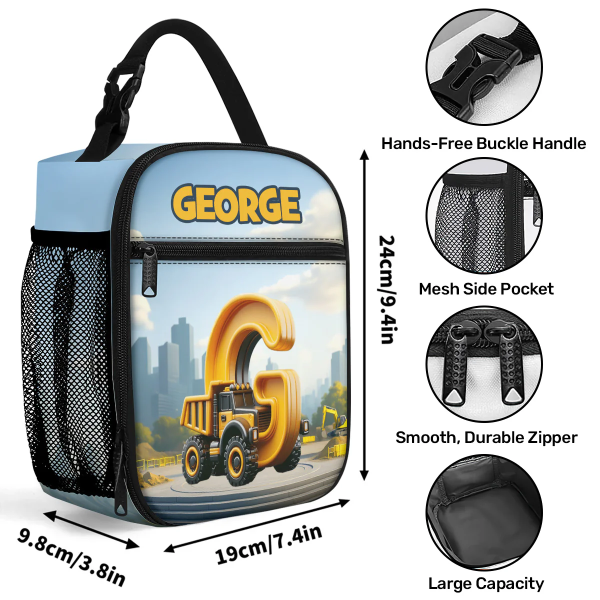 Construction Vehicles And Mermaid Kid's Name - Personalized Lunch Bag - Image 7