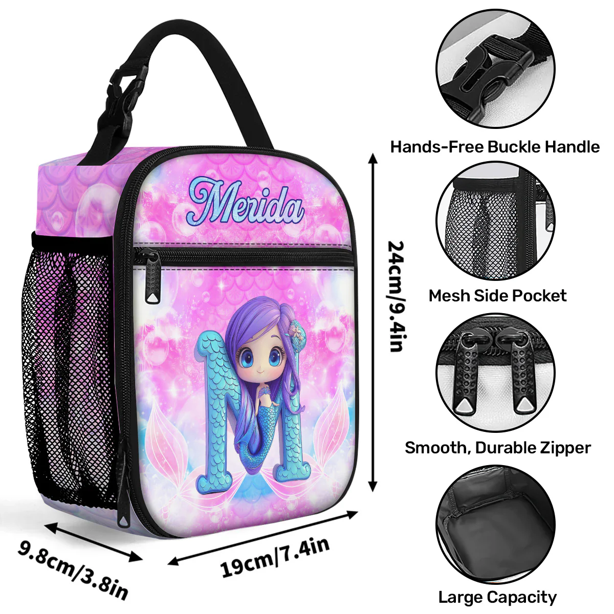 Construction Vehicles And Mermaid Kid's Name - Personalized Lunch Bag - Image 8
