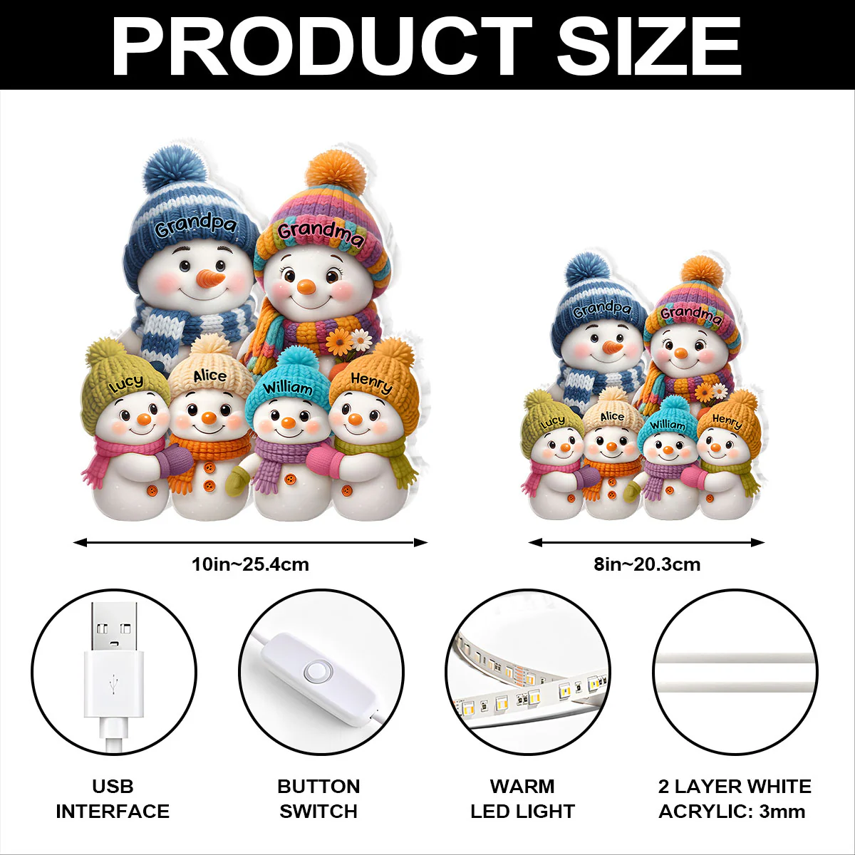 Cozy Snowman Grandparents and Grandkids - Personalized Light Box - Image 6