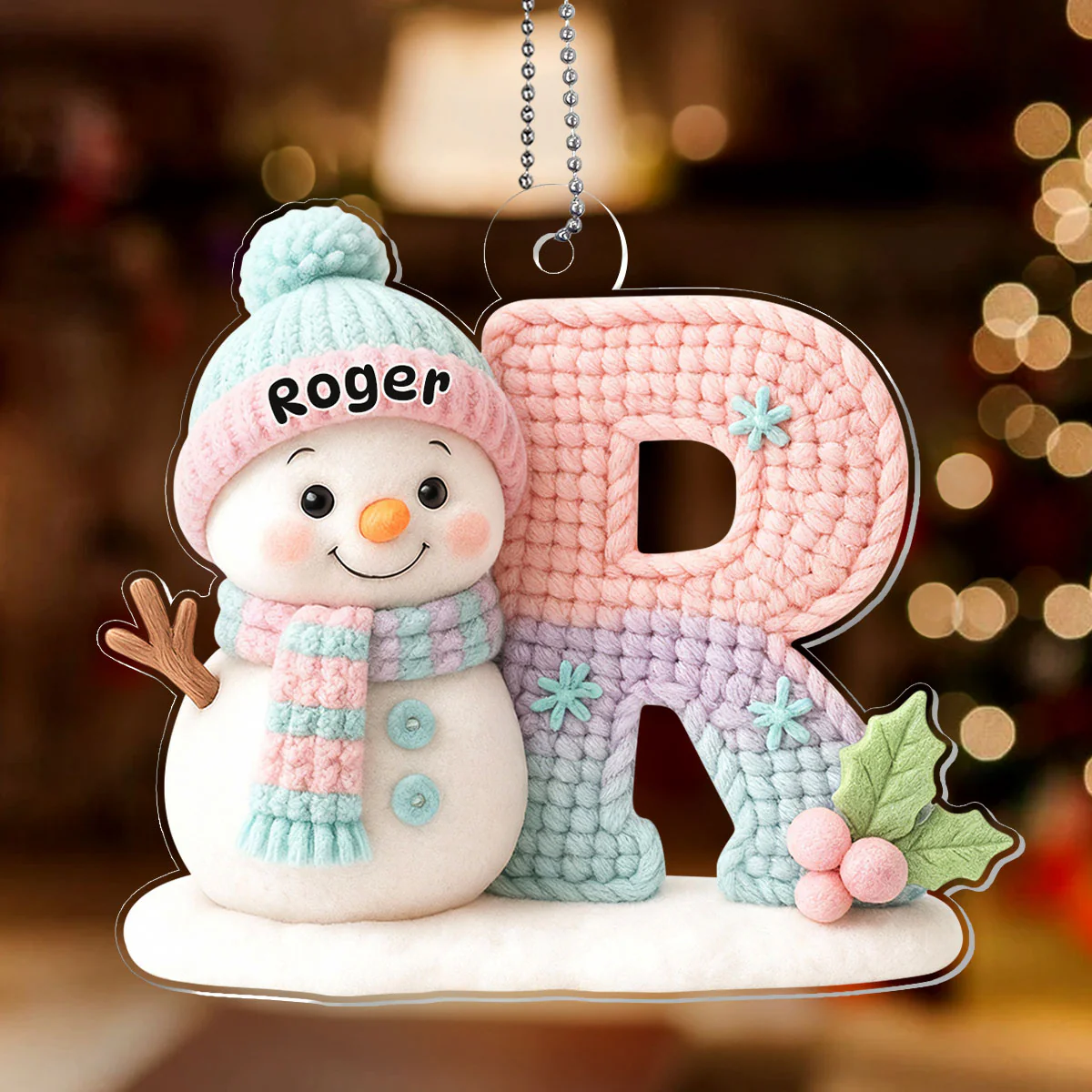 Crochet Snowman & Letter - Personalized 1-Layer Acrylic Ornament - Image 2