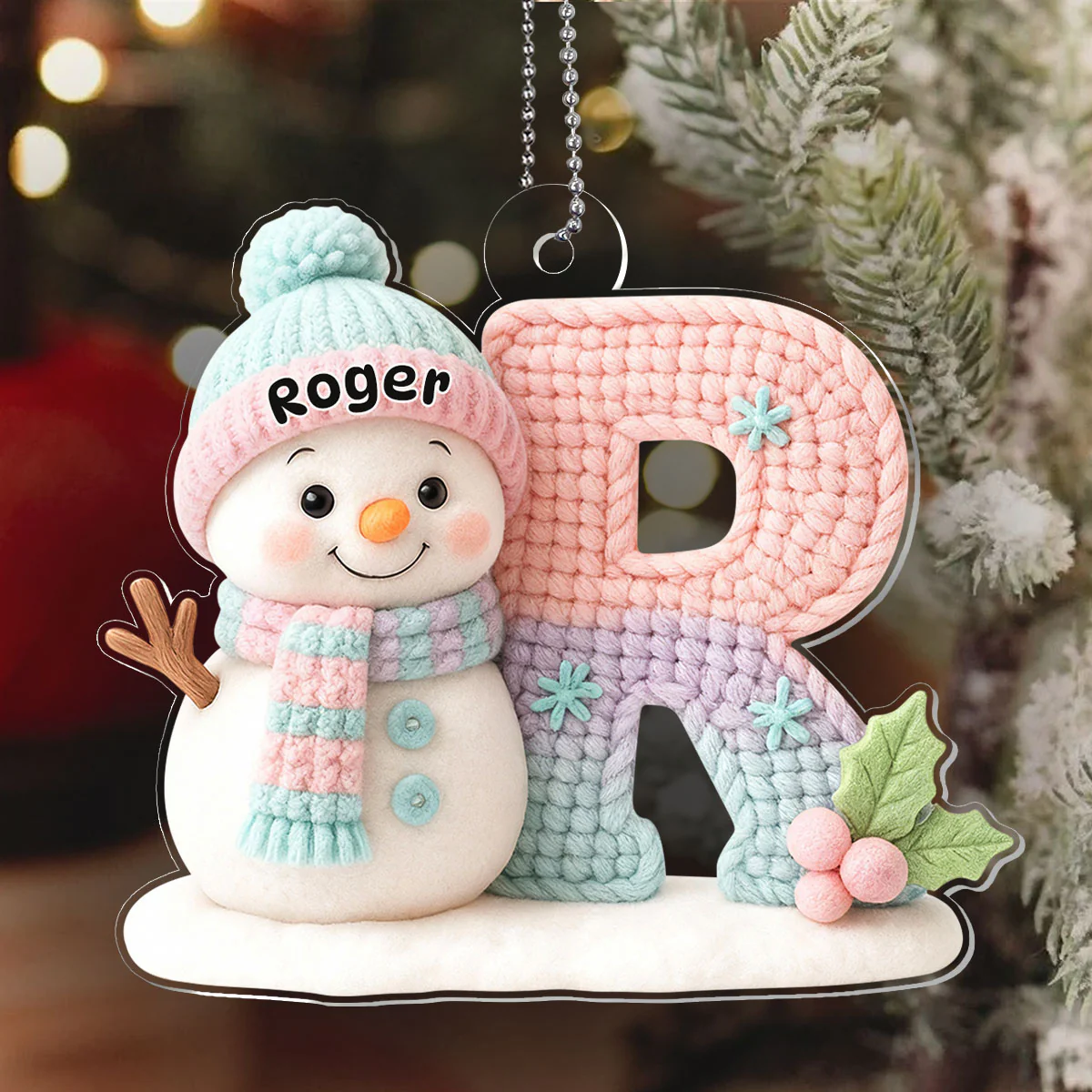 Crochet Snowman & Letter - Personalized 1-Layer Acrylic Ornament - Image 6